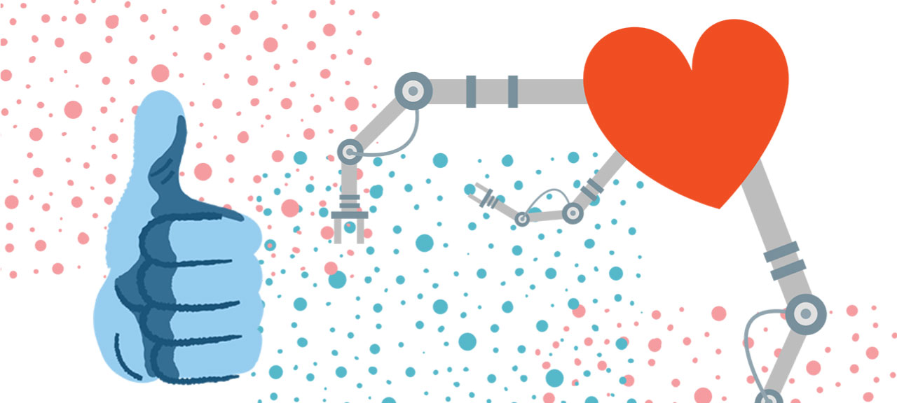 ilustración digital de una mano y un corazón robotizado
